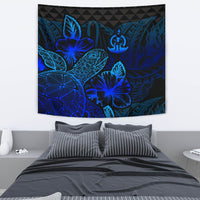 Vanuatu Tapestry - Turtle Hibiscus Pattern Blue Wall Tapestry Medium 80" x 68" Blue - Polynesian Pride