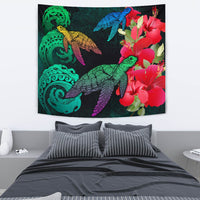 Hawaii Turtle Wave Hibiscus Tapestry - Unia Style Wall Tapestry Black - Polynesian Pride
