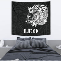 Sun In Leo Zodiac Tapestry Polynesian Tattoo Simple - White Wall Tapestry Medium 80" x 68" Black - Polynesian Pride