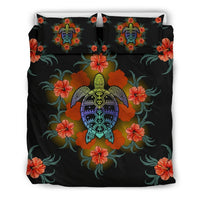 Hawaiian Duvet Cover Set - Red Hibiscus And Sea Turtle Tattoo - Polynesian Pride
