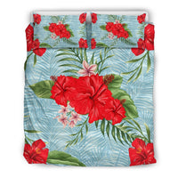 Hawaii Duvet Cover Set - Red Hibiscus Plumeria Palm - Polynesian Pride