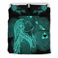 Hawaiian Map Heart Hula Girl Hibiscus Polynesian Bedding Set - Turquoise Art - Polynesian Pride