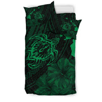 Hawaiian Map Sea Turtle Is Swimming Toward Polynesian Bedding Set Green - Polynesian Pride