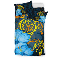 Hawaii Bedding Set - Turtle Hibiscus Pattern Hawaiian Bedding Set - Blue - Polynesian Pride
