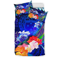 Custom Personalised Samoa Bedding Set - Humpback Whale with Tropical Flowers (Blue) - Polynesian Pride