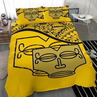 Marquesas Islands Duvet Cover Set - Tiki Face Pattern Yellow - Polynesian Pride