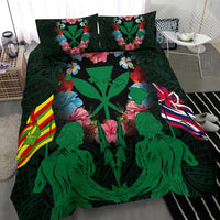 Hawaii Map Kanaka Two Men Holding Flag Bedding Set - AH - Green - Polynesian Pride