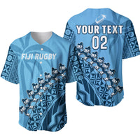 (Custom Text And Number) Fiji Tapa Rugby Baseball Jersey Fijian Cibi Dance Tapa Pattern Blue LT14 Blue - Polynesian Pride