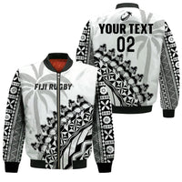 (Custom Text And Number) Fiji Rugby Bomber Jacket Fijian Cibi Dance Tapa Pattern White LT14 Unisex White - Polynesian Pride