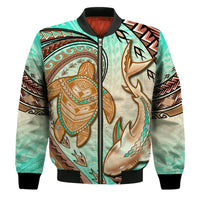 Hawaii Bomber Jacket Polynesian Shark And Sea Turtle Dreamy Turquoise Artsy LT14 Unisex Turquoise - Polynesian Pride