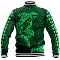 Hawaii Baseball Jacket Shark and Turtle Mix Kakau Green LT9 - Polynesian Pride