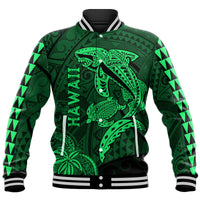Hawaii Baseball Jacket Shark and Turtle Mix Kakau Green LT9 Unisex Green - Polynesian Pride
