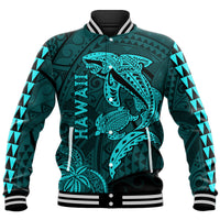Hawaii Baseball Jacket Shark and Turtle Mix Kakau Turquoise LT9 Unisex Turquoise - Polynesian Pride