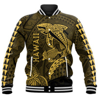 Hawaii Baseball Jacket Shark and Turtle Mix Kakau Gold LT9 Unisex Gold - Polynesian Pride