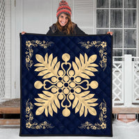Hawaiian Quilt Maui Plant And Hibiscus Premium Quilt - Beige Indigo - AH - Polynesian Pride