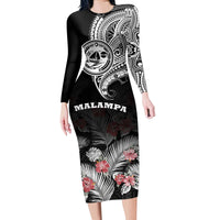 Vanuatu Malampa Province Long Sleeve Dress Hibiscus Tribal Polynesian Tattoo Ver Black LT9 Polyester spandex Black - Polynesian Pride