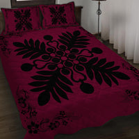 Hawaiian Quilt Maui Plant And Hibiscus Pattern Quilt Bed Set - Black Burgundy - AH - Polynesian Pride
