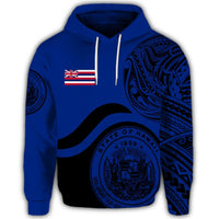Hawaii Coat of Arms Hoodie Waveshape Style Blue - Polynesian Pride