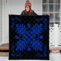 Hawaiian Quilt Maui Plant And Hibiscus Premium Quilt - Blue Black - AH - Polynesian Pride
