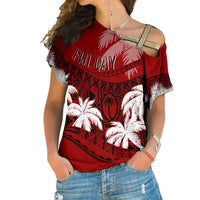 Personalised Fiji Day Cross Shoulder Shirt Flying Fijians Masi Kesa Style - Red LT7 Female Red - Polynesian Pride