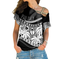 Personalised Fiji Day Cross Shoulder Shirt Flying Fijians Masi Kesa Style - Black LT7 Female Black - Polynesian Pride