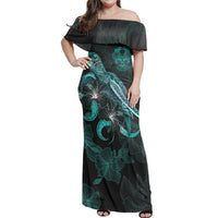 Easter Island Matching Dress and Hawaiian Shirt with with Turtle and Blooming Hibiscus Turquoise - Polynesian Pride