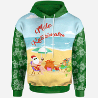 Mele Kalikimaka Hoodie Santa Claus and Reindeer On The Beach Green Color Unisex Green - Polynesian Pride