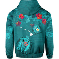 Hawaiian Islands Zip Hoodie Hawaii Tropical Flowers and Turtles Turquoise LT13 - Polynesian Pride