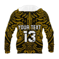 (Custom Text and Number) New Zealand Silver Fern Rugby Hoodie All Black Gold NZ Maori Pattern LT13 - Polynesian Pride