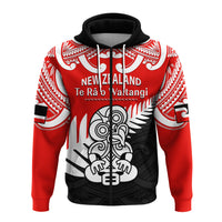 Waitangi Day Hoodie Tino Rangatiratanga Flag With Tiki Maori Fern LT14 Zip Hoodie Red - Polynesian Pride
