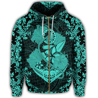 Hawaii Anchor Hibiscus Flower Vintage Zip Hoodie Turquoise - Polynesian Pride