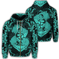 Hawaii Anchor Hibiscus Flower Vintage Zip Hoodie Turquoise Unisex Art - Polynesian Pride