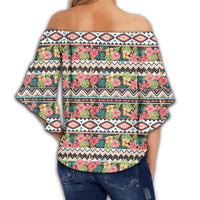 Hawaii Hibiscus Ethnic Mix Tropical Flower Women's Off Shoulder Wrap Waist Top - AH - Polynesian Pride