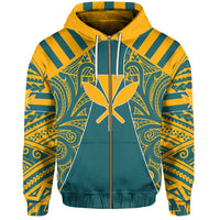 Hawaii Kanaka Football Jersey Polynesian Hoodie Zip Cyan & Yellow Victor Style - Polynesian Pride