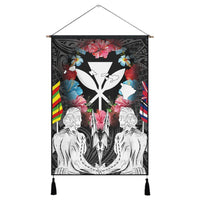 Hawaii Map Kanaka Two Men Holding Flag Hanging Poster - AH Hanging Poster Cotton And Linen - Polynesian Pride