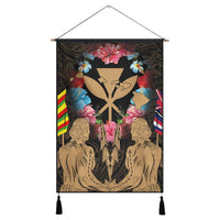 Hawaii Map Kanaka Two Men Holding Flag Hanging Poster Gold - AH Hanging Poster Cotton And Linen - Polynesian Pride
