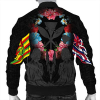 Hawaii Map Kanaka Two Men Holding Flag Bomber Jacket Grey - AH - Polynesian Pride