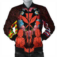 Hawaii Map Kanaka Two Men Holding Flag Bomber Jacket Orange - AH Black - Polynesian Pride