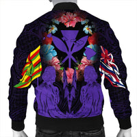 Hawaii Map Kanaka Two Men Holding Flag Bomber Jacket Purple - AH - Polynesian Pride