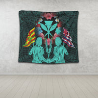 Hawaii Map Kanaka Two Men Holding Flag Tapestry Turquoise - AH - Polynesian Pride