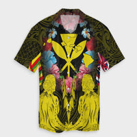 Hawaii Map Kanaka Two Men Holding Flag Hawaiian Shirt Yellow - AH Unisex Black - Polynesian Pride