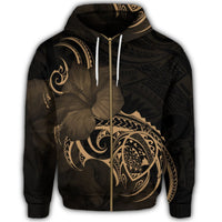 Hawaii Map Turtle Hibiscus Divise Polynesian Zip Hoodie Gold - Polynesian Pride