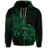 Hawaii Map Turtle Hibiscus Divise Polynesian Zip Hoodie Green - Polynesian Pride