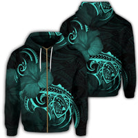 Hawaii Map Turtle Hibiscus Divise Polynesian Zip Hoodie Turquoise Unisex Art - Polynesian Pride