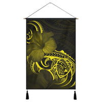 Hawaii Map Turtle Hibiscus Divise Polynesian Hanging Poster Yellow - AH Hanging Poster Cotton And Linen - Polynesian Pride