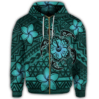 Hawaii Mix Polynesian Turtle Plumeria Zip Hoodie Nick Style Turquoise - Polynesian Pride