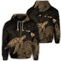 Hawaii Polynesian Hibiscus Turtle Map Zip Hoodie Gold Unisex Art - Polynesian Pride