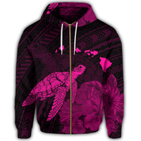 Hawaii Polynesian Hibiscus Turtle Map Zip Hoodie Pink - Polynesian Pride
