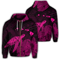 Hawaii Polynesian Hibiscus Turtle Map Zip Hoodie Pink Unisex Art - Polynesian Pride