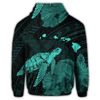 Hawaii Polynesian Hibiscus Turtle Map Zip Hoodie Turquoise - Polynesian Pride